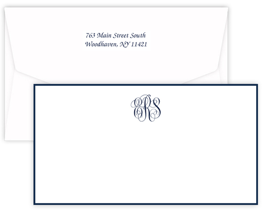 Triple Thick Classic Monogram Border Wide Flat Note Cards - Raised Ink